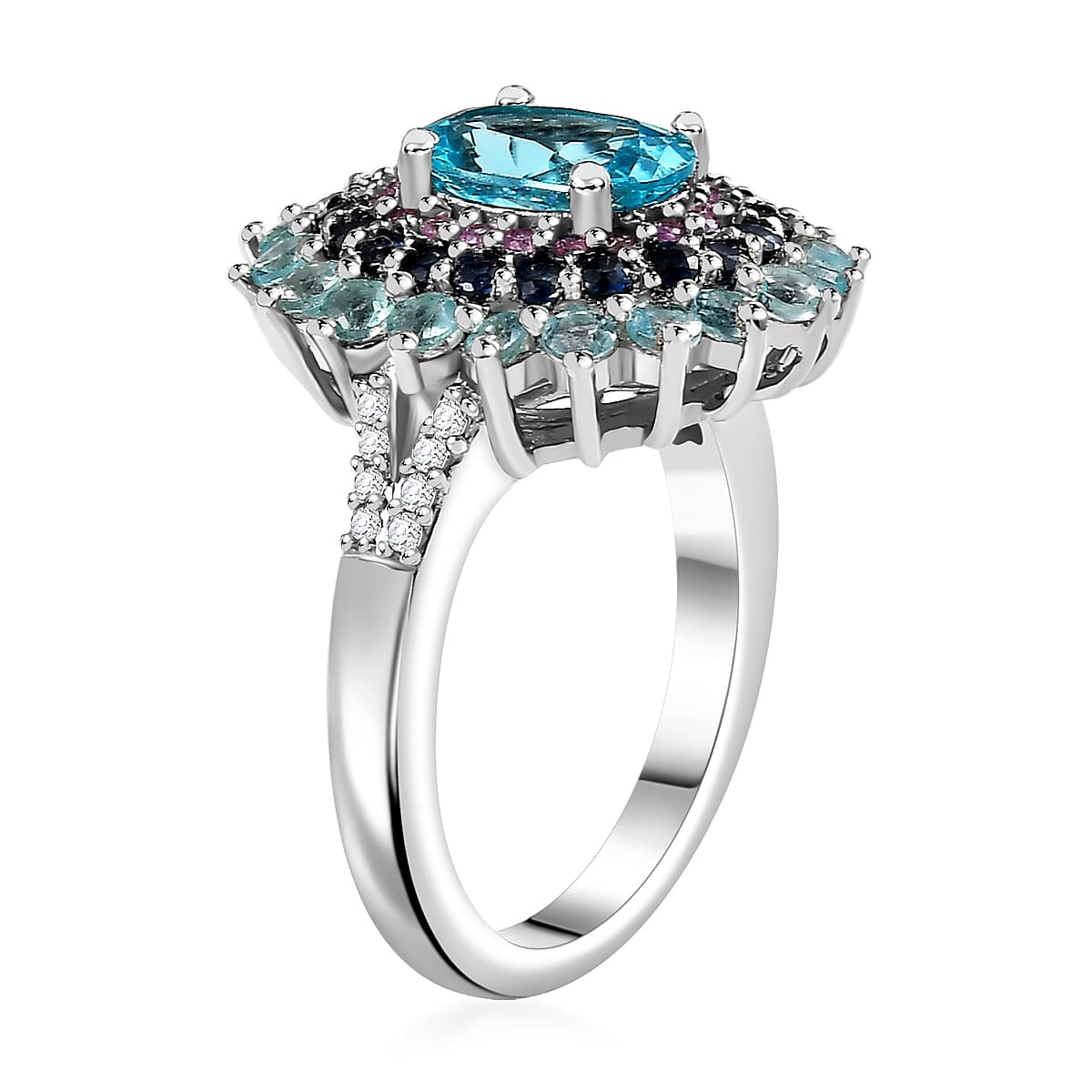 D'Joy Betroka Blue Apatite and Multi Gemstone 2.90 ctw Oceanic Symphony Ring in Rhodium Over Sterling Silver (Size 10.0)