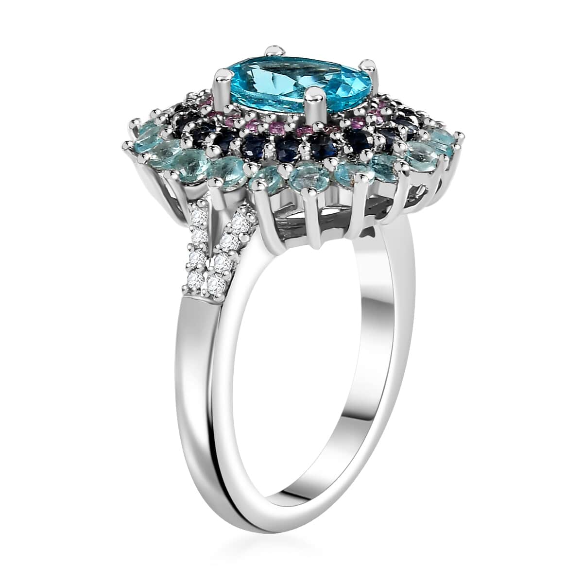 Betroka Blue Apatite and Multi Gemstone 2.90 ctw Oceanic Symphony Ring in Rhodium Over Sterling Silver (Size 10.0) image number 3