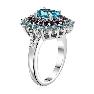 D'Joy Betroka Blue Apatite and Multi Gemstone 2.90 ctw Oceanic Symphony Ring in Rhodium Over Sterling Silver (Size 10.0)