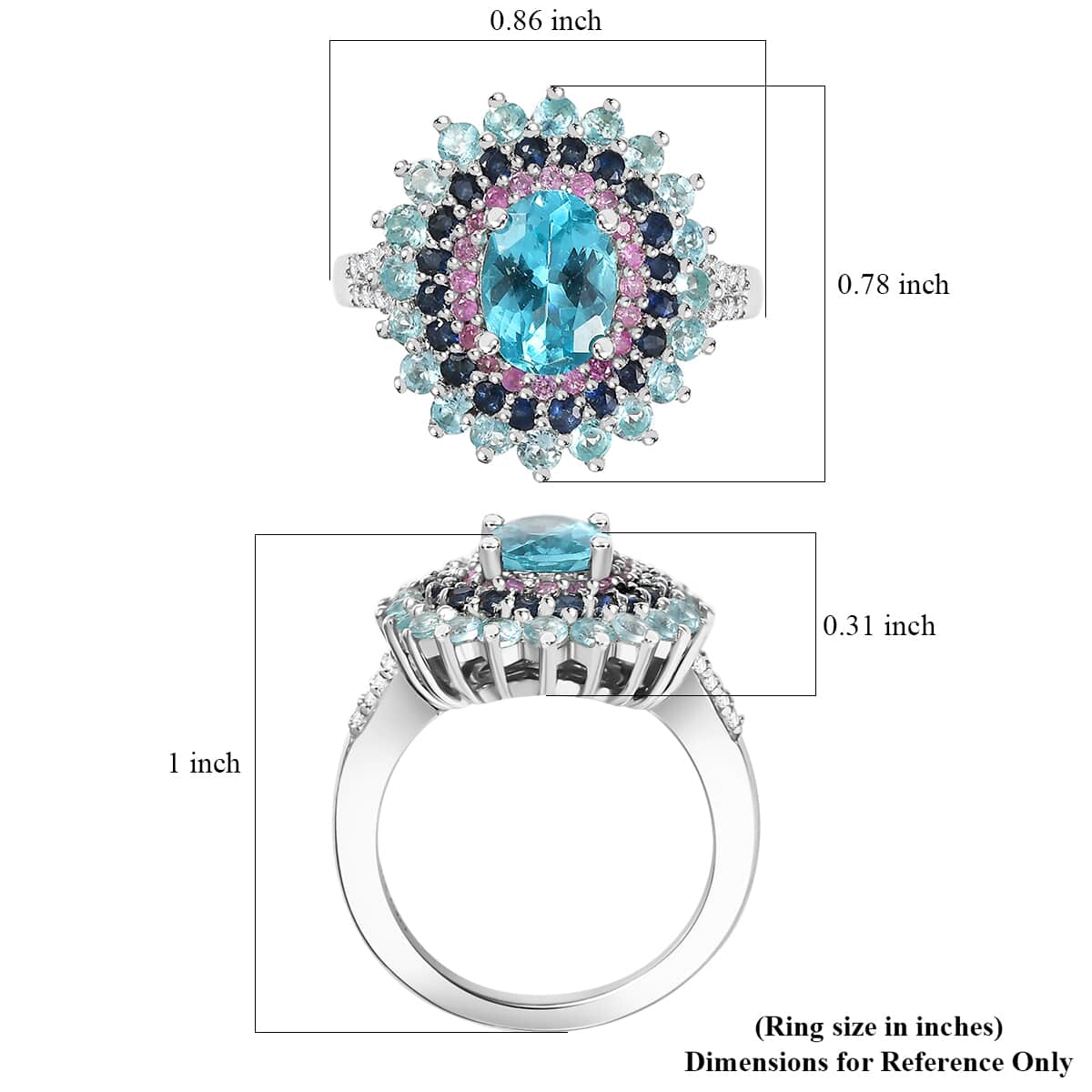 Betroka Blue Apatite and Multi Gemstone 2.90 ctw Oceanic Symphony Ring in Rhodium Over Sterling Silver (Size 10.0) image number 5