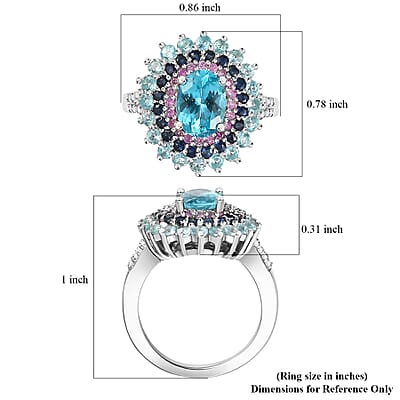 D'Joy Betroka Blue Apatite and Multi Gemstone 2.90 ctw Oceanic Symphony Ring in Rhodium Over Sterling Silver (Size 10.0)