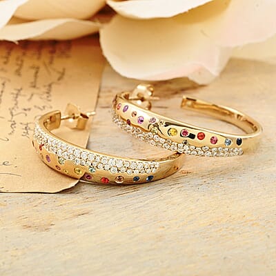 Clarte Sul Mare Collection Multi Sapphire and Moissanite Earrings in Vermeil Yellow Gold Over Sterling Silver 1.50 ctw