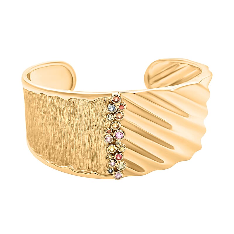 Clarte Kaleidoscope Collection Multi Sapphire and Moissanite Cuff Bracelet in Vermeil Yellow Gold Over Sterling Silver (6.50 In) 0.60 ctw