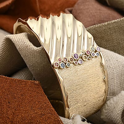 Clarte Kaleidoscope Collection Multi Sapphire and Moissanite Cuff Bracelet in Vermeil Yellow Gold Over Sterling Silver (6.50 In) 0.60 ctw