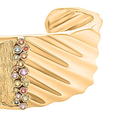Clarte Kaleidoscope Collection Multi Sapphire and Moissanite Cuff Bracelet in Vermeil Yellow Gold Over Sterling Silver (6.50 In) 0.60 ctw