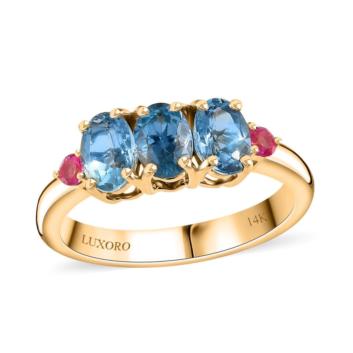 Luxoro AAA Santa Maria Aquamarine and AAA Mahenge Spinel 1.35 ctw Trilogy Ring in 14K Yellow Gold (Size 10.0) image number 0