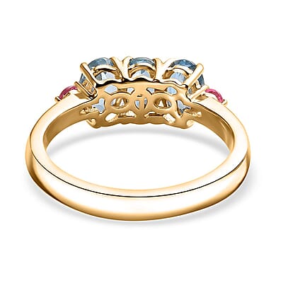 Luxoro AAA Santa Maria Aquamarine and AAA Mahenge Spinel 1.35 ctw Trilogy Ring in 14K Yellow Gold (Size 6.0)