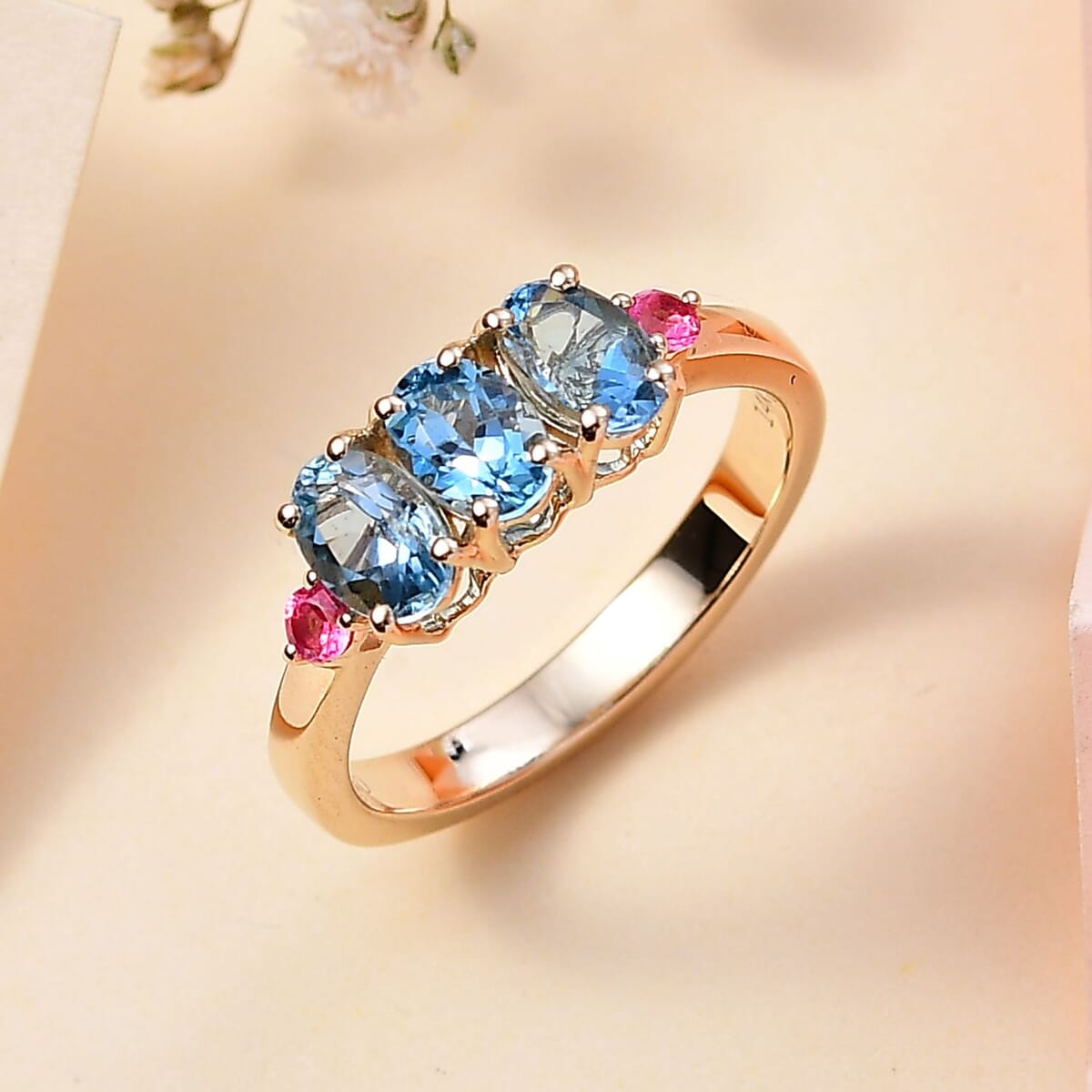 Luxoro AAA Santa Maria Aquamarine and AAA Mahenge Spinel 1.35 ctw Trilogy Ring in 14K Yellow Gold (Size 7.0) image number 1