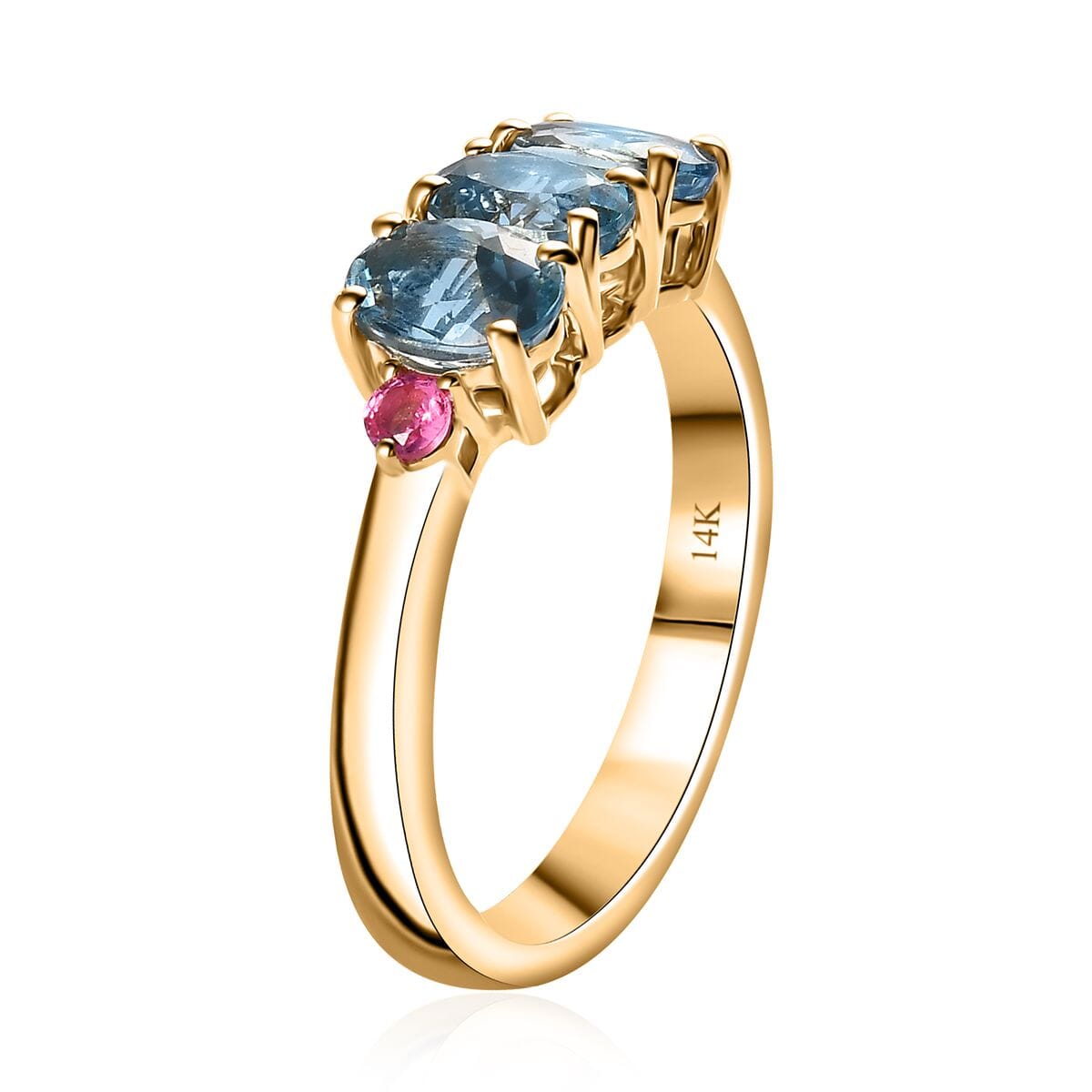 Luxoro AAA Santa Maria Aquamarine and AAA Mahenge Spinel 1.35 ctw Trilogy Ring in 14K Yellow Gold (Size 7.0) image number 3