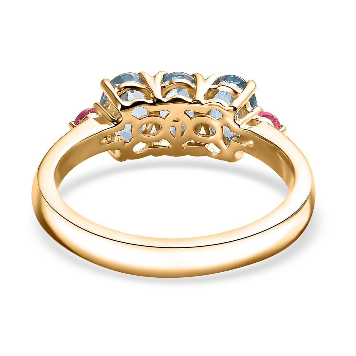 Luxoro AAA Santa Maria Aquamarine and AAA Mahenge Spinel 1.35 ctw Trilogy Ring in 14K Yellow Gold (Size 7.0) image number 4