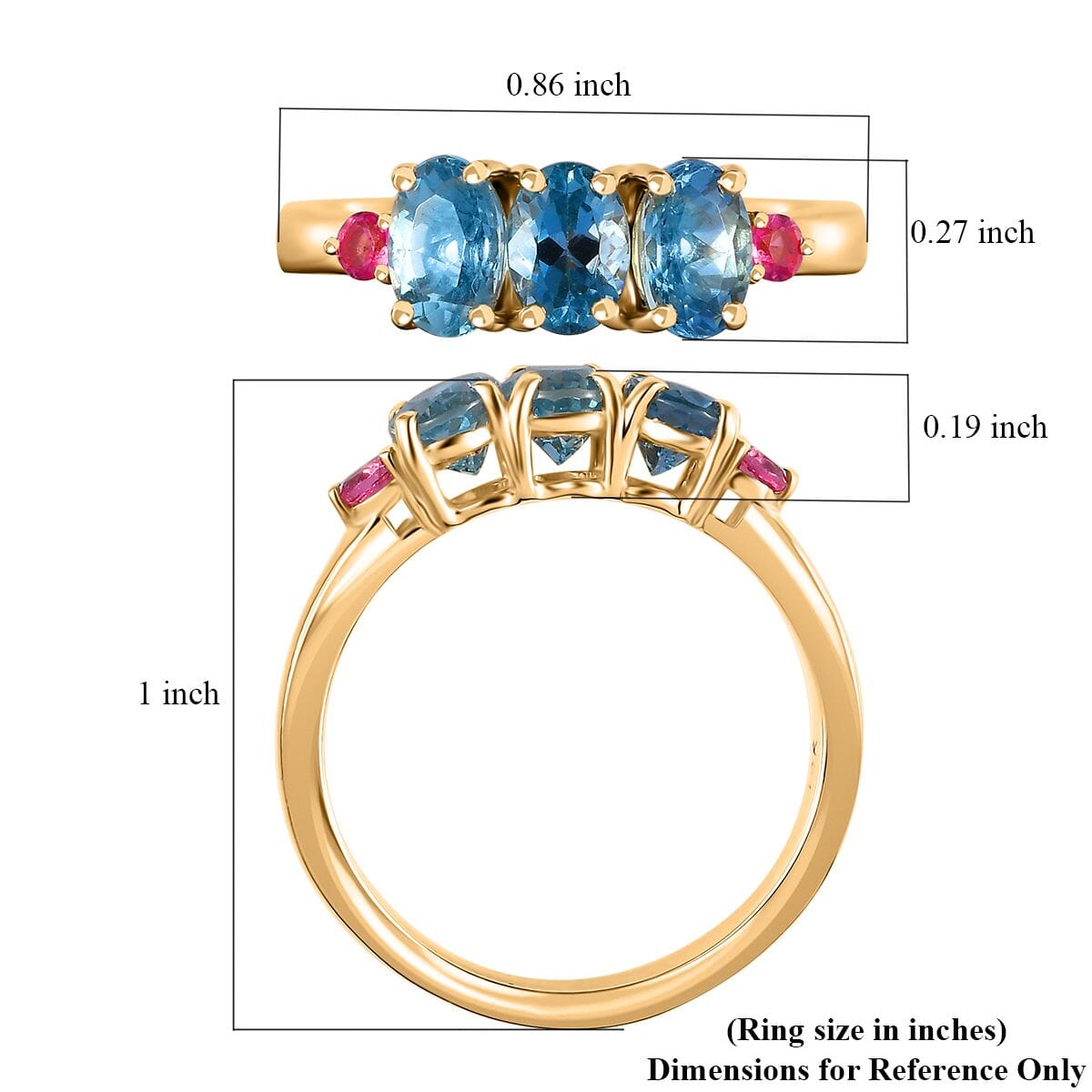 Luxoro AAA Santa Maria Aquamarine and AAA Mahenge Spinel 1.35 ctw Trilogy Ring in 14K Yellow Gold (Size 7.0) image number 5