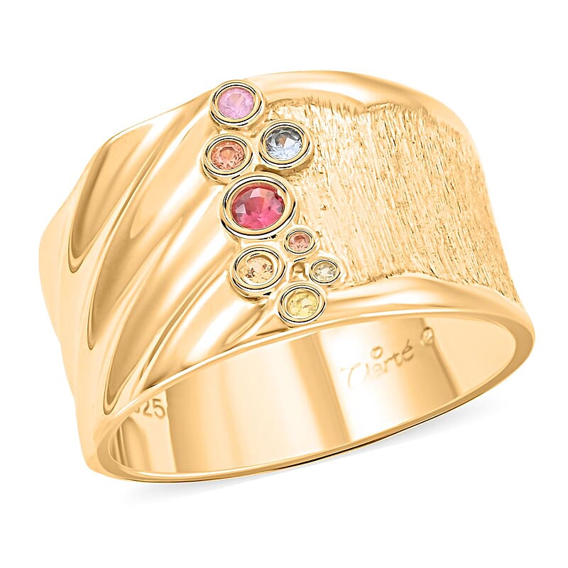 Clarte Kaleidoscope Collection Multi Sapphire and Moissanite Ring in Vermeil Yellow Gold Over Sterling Silver (Size 7.0) 0.25 ctw