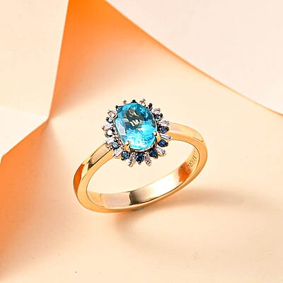Luxoro Premium Betroka Blue Apatite, G-H I2 Blue and White Diamond 1.50 ctw Cloudburst Ring in 10K Yellow Gold (Size 10.0)