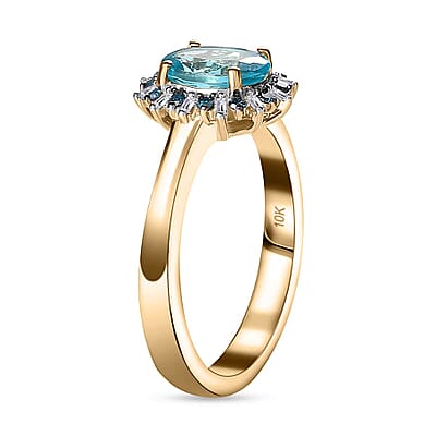 Luxoro Premium Betroka Blue Apatite, G-H I2 Blue and White Diamond 1.50 ctw Cloudburst Ring in 10K Yellow Gold (Size 10.0)