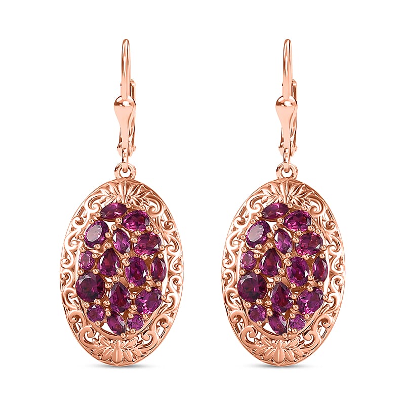 Orissa Rhodolite Garnet Filigree and Lotus Flower Earrings in 18K Vermeil Rose Gold Over Sterling Silver 4.60 ctw