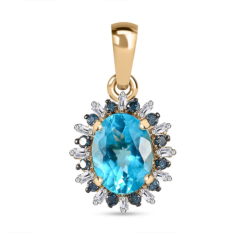 Luxoro 10K Yellow Gold Premium Betroka Blue Apatite, G-H I2 Blue and White Diamond Cloudburst Pendant without Chain 1.50 ctw