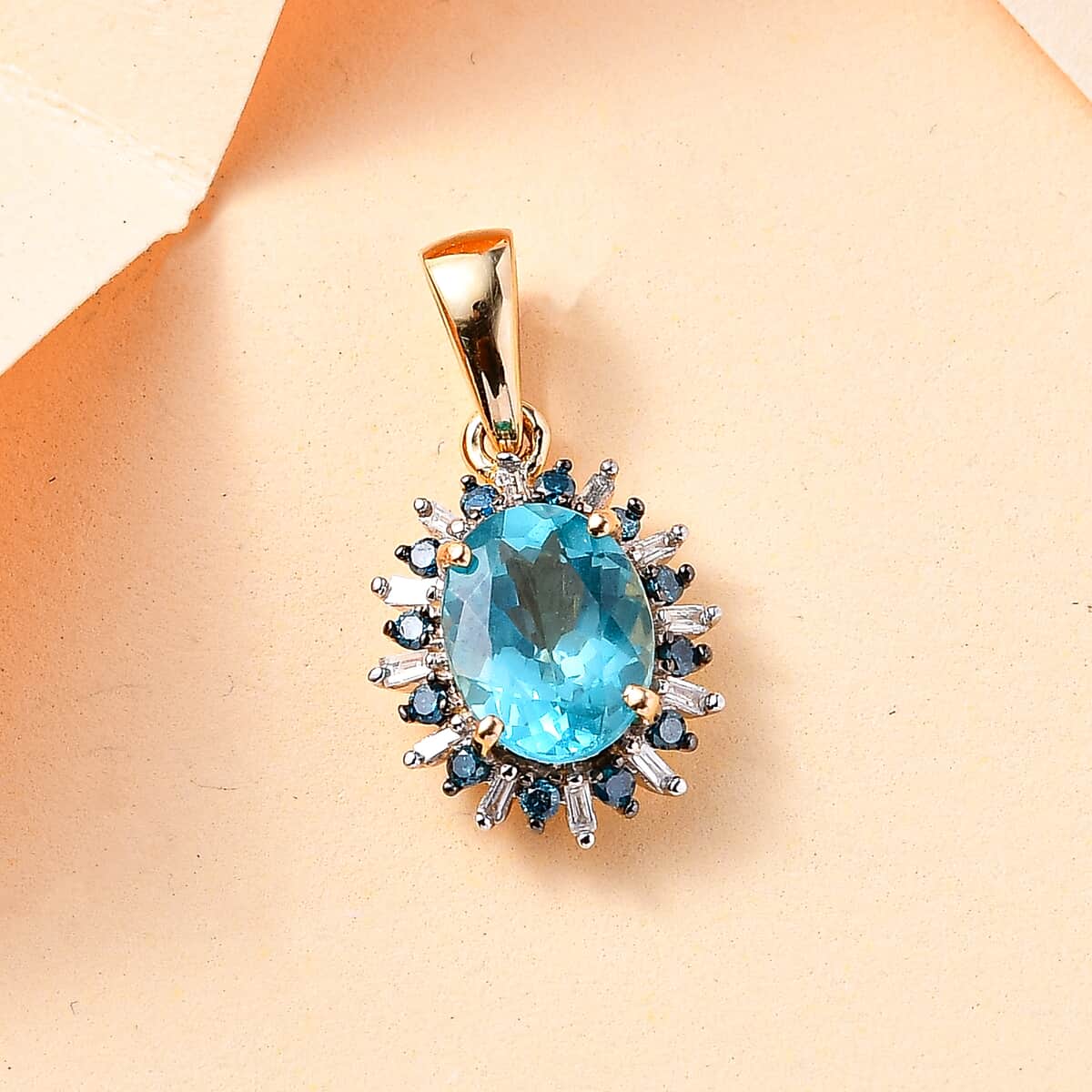 Luxoro 10K Yellow Gold Premium Betroka Blue Apatite, G-H I2 Blue and White Diamond Cloudburst Pendant 1.50 ctw image number 1