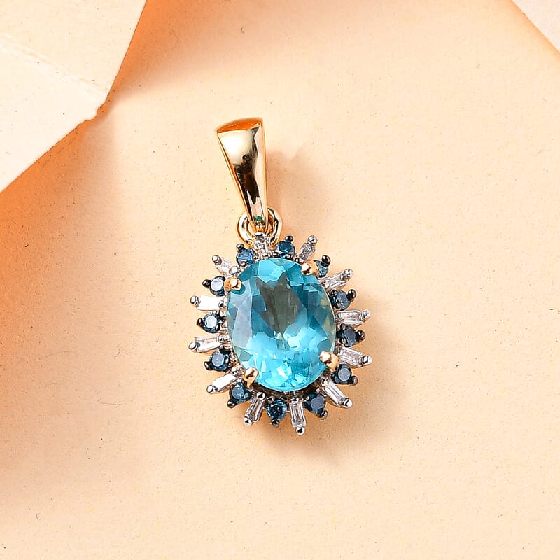 Luxoro 10K Yellow Gold Premium Betroka Blue Apatite, G-H I2 Blue and White Diamond Cloudburst Pendant without Chain 1.50 ctw