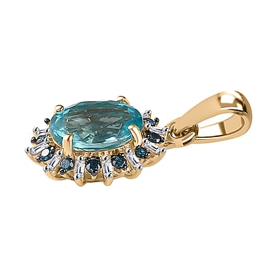 Luxoro 10K Yellow Gold Premium Betroka Blue Apatite, G-H I2 Blue and White Diamond Cloudburst Pendant without Chain 1.50 ctw