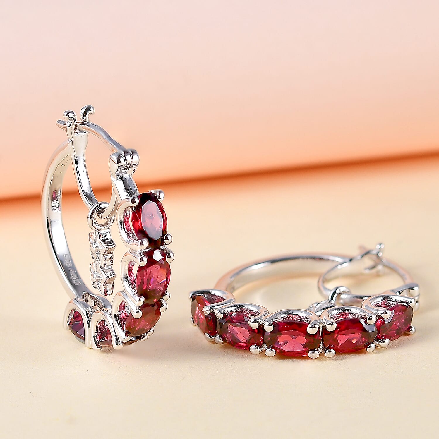 Orissa Rhodolite Garnet Floral Hoop Earrings in Rhodium Over Sterling Silver 5.50 ctw