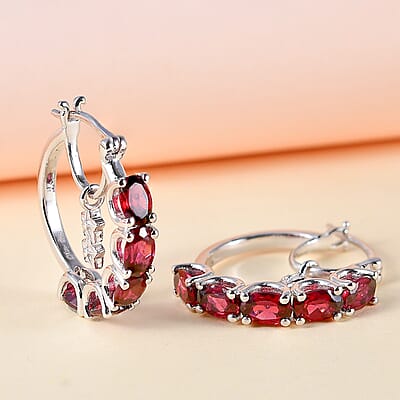Orissa Rhodolite Garnet Floral Hoop Earrings in Rhodium Over Sterling Silver 5.50 ctw