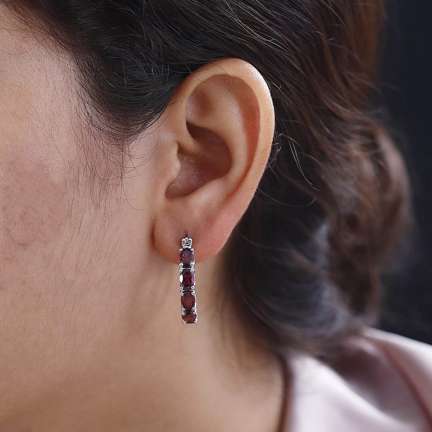 Orissa Rhodolite Garnet Floral Hoop Earrings in Rhodium Over Sterling Silver 5.50 ctw
