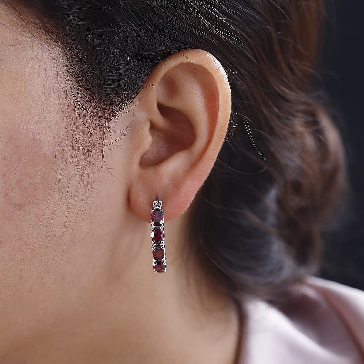 Orissa Rhodolite Garnet Floral Hoop Earrings in Rhodium Over Sterling Silver 5.50 ctw image number 2