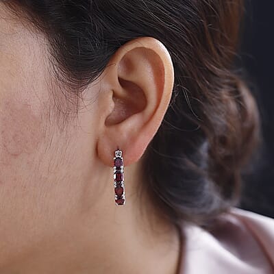 Orissa Rhodolite Garnet Floral Hoop Earrings in Rhodium Over Sterling Silver 5.50 ctw