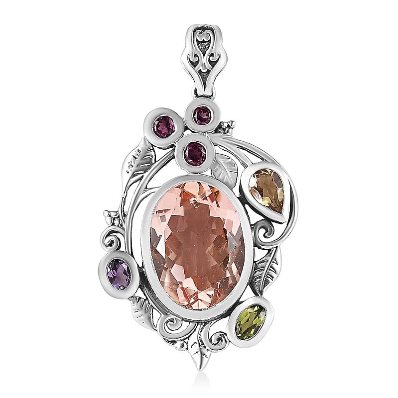 D'Joy Artisan Crafted Morganique Quartz (Triplet) and Multi Gemstone 10.60 ctw Leaf Pendant without Chain in Sterling Silver