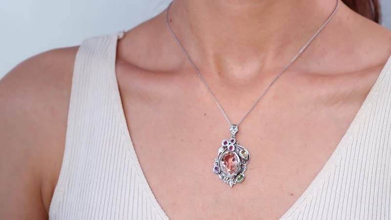 D'Joy Artisan Crafted Morganique Quartz (Triplet) and Multi Gemstone 10.60 ctw Leaf Pendant without Chain in Sterling Silver