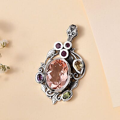 D'Joy Artisan Crafted Morganique Quartz (Triplet) and Multi Gemstone 10.60 ctw Leaf Pendant without Chain in Sterling Silver