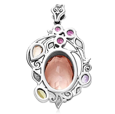 D'Joy Artisan Crafted Morganique Quartz (Triplet) and Multi Gemstone 10.60 ctw Leaf Pendant without Chain in Sterling Silver