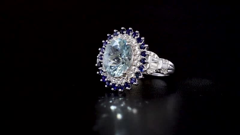 Premium Mangoro Aquamarine and Multi Gemstone 3.80 ctw Oceanic Symphony Ring in Rhodium Over Sterling Silver