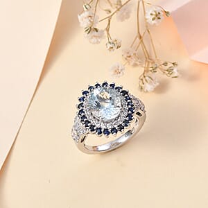 Premium Mangoro Aquamarine and Multi Gemstone 3.80 ctw Oceanic Symphony Ring in Rhodium Over Sterling Silver (Size 10.0)