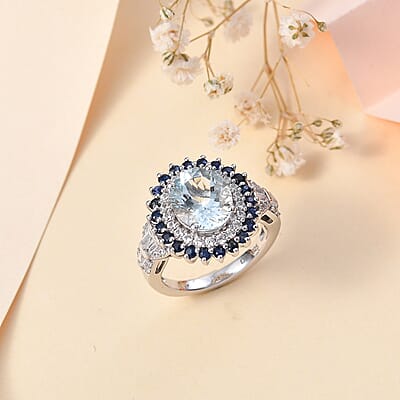 Premium Mangoro Aquamarine and Multi Gemstone 3.80 ctw Oceanic Symphony Ring in Rhodium Over Sterling Silver (Size 10.0)
