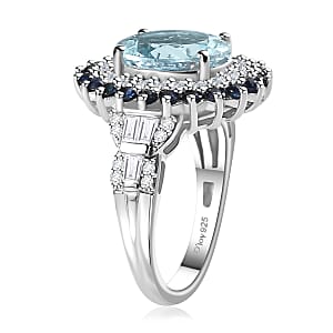 Premium Mangoro Aquamarine and Multi Gemstone 3.80 ctw Oceanic Symphony Ring in Rhodium Over Sterling Silver (Size 10.0)