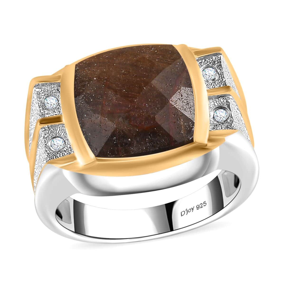 Checkerboard Cut Zawadi Chocolate Sapphire and White Zircon Men's Ring in 18K Vermeil YG and Rhodium Over Sterling Silver (Size 10.0) 8.60 ctw image number 0