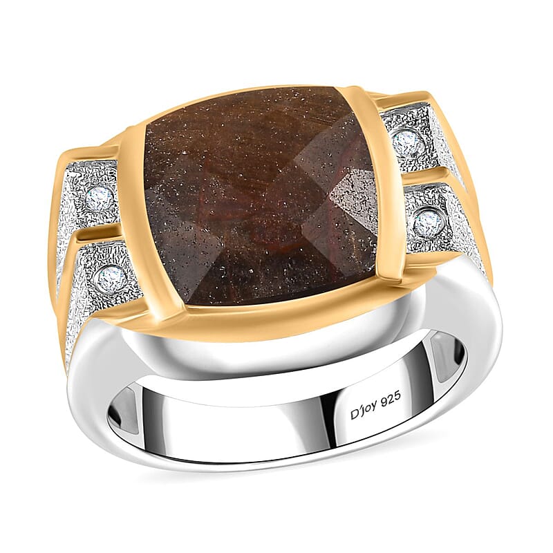 Checkerboard Cut Zawadi Chocolate Sapphire and White Zircon Men's Ring in 18K Vermeil YG and Rhodium Over Sterling Silver (Size 10.0) 8.60 ctw