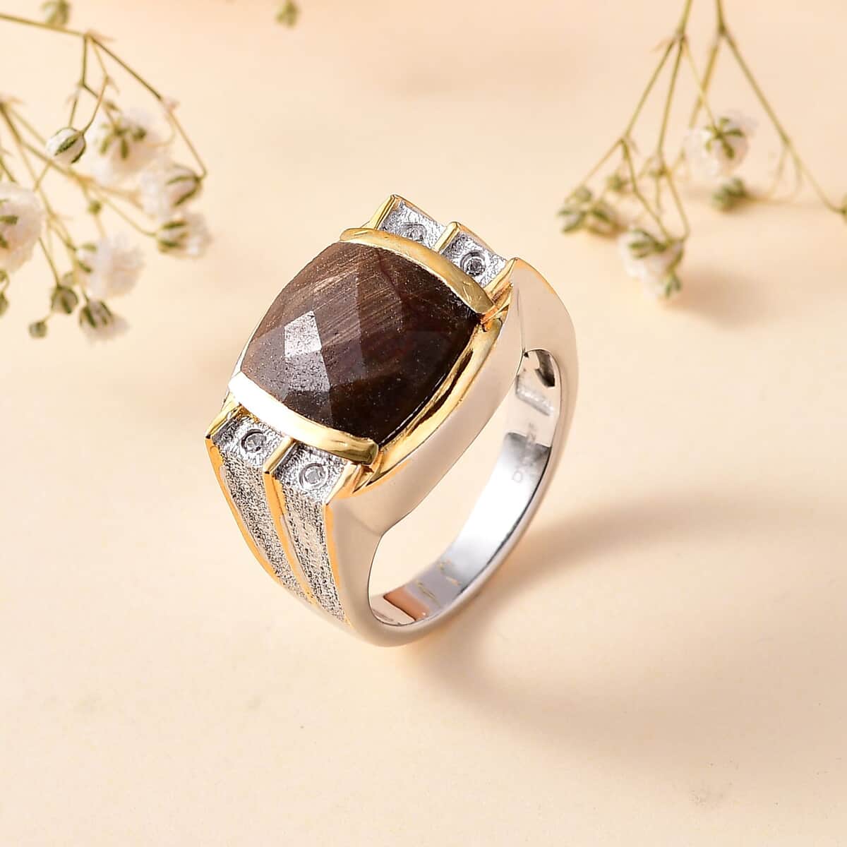 Checkerboard Cut Zawadi Chocolate Sapphire and White Zircon Men's Ring in 18K Vermeil YG and Rhodium Over Sterling Silver (Size 10.0) 8.60 ctw image number 1