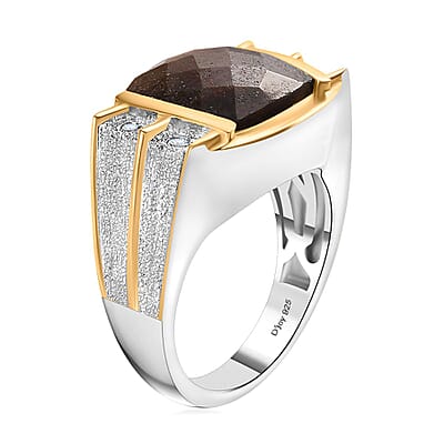 Checkerboard Cut Zawadi Chocolate Sapphire and White Zircon Men's Ring in 18K Vermeil YG and Rhodium Over Sterling Silver (Size 10.0) 8.60 ctw