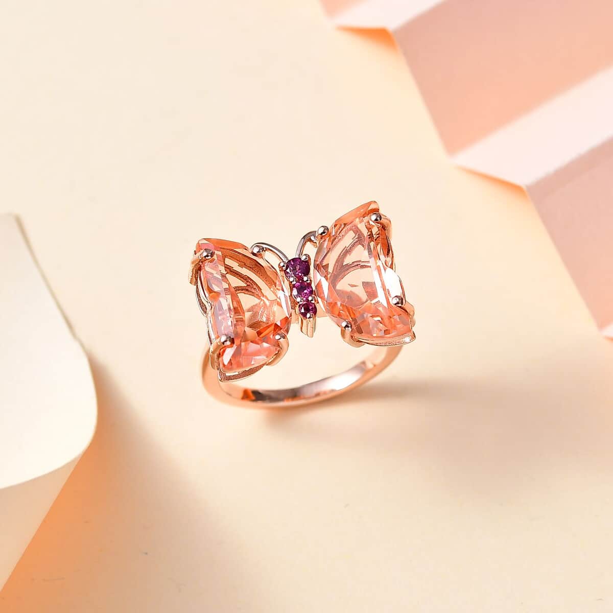 Morganique Quartz (Triplet) and Orissa Rhodolite Garnet Butterfly Ring in 18K Vermeil Rose Gold Over Sterling Silver (Size 10.0) 8.90 ctw image number 1