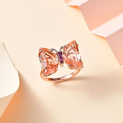 Morganique Quartz (Triplet) and Orissa Rhodolite Garnet Butterfly Ring in 18K Vermeil Rose Gold Over Sterling Silver (Size 10.0) 8.90 ctw