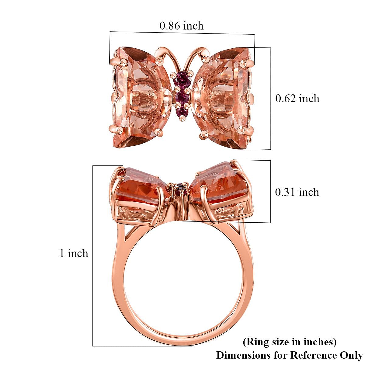Morganique Quartz (Triplet) and Orissa Rhodolite Garnet Butterfly Ring in 18K Vermeil Rose Gold Over Sterling Silver (Size 10.0) 8.90 ctw
