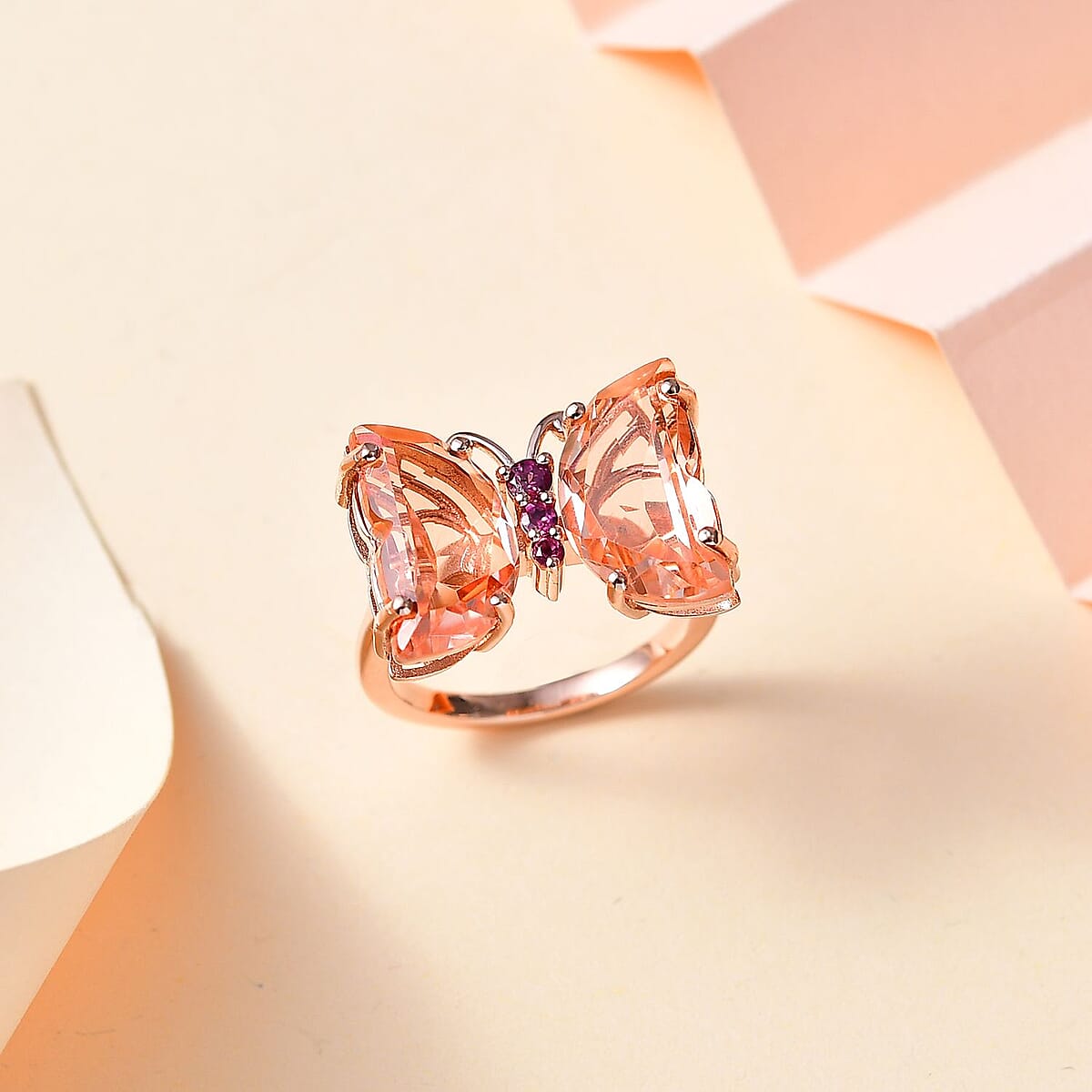 Morganique Quartz (Triplet) and Orissa Rhodolite Garnet Butterfly Ring in 18K Vermeil Rose Gold Over Sterling Silver (Size 6.0) 8.90 ctw image number 1