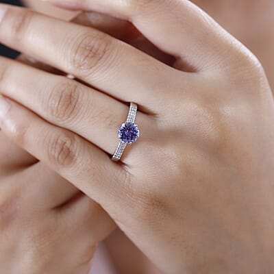 Tanzanite and White Zircon Bridal Ring in Rhodium Over Sterling Silver (Size 10.0) 1.75 ctw