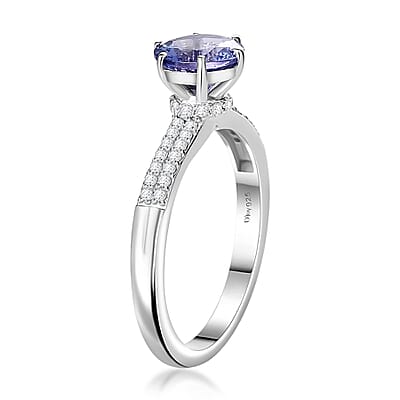 Tanzanite and White Zircon Bridal Ring in Rhodium Over Sterling Silver (Size 10.0) 1.75 ctw
