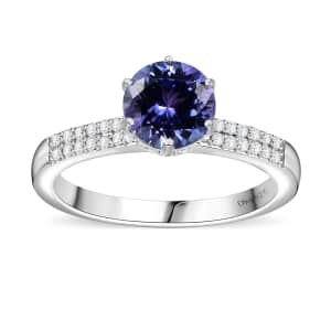 Tanzanite and White Zircon Bridal Ring in Rhodium Over Sterling Silver (Size 7.0) 1.75 ctw