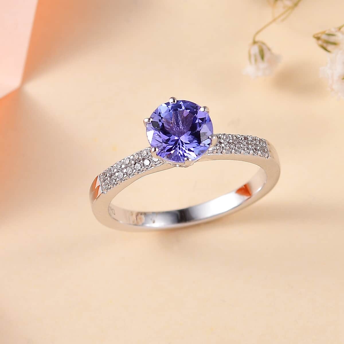 Tanzanite, White Zircon Ring in Rhodium Over Sterling Silver (Size 10.0) 1.70 ctw image number 1