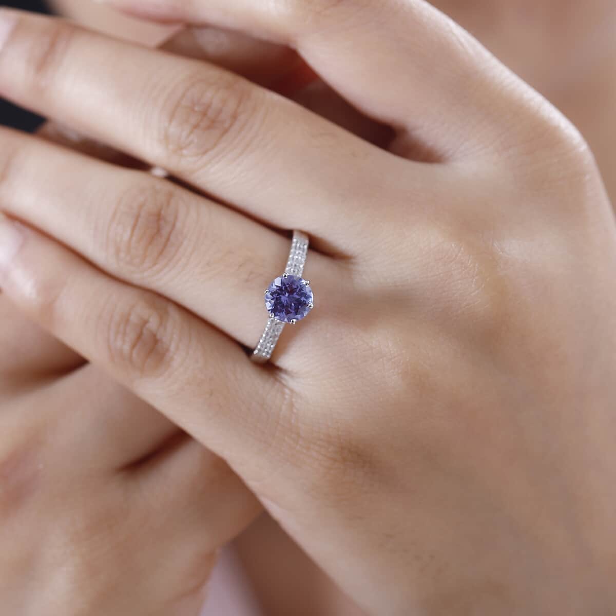 Tanzanite, White Zircon Ring in Rhodium Over Sterling Silver (Size 10.0) 1.70 ctw image number 2