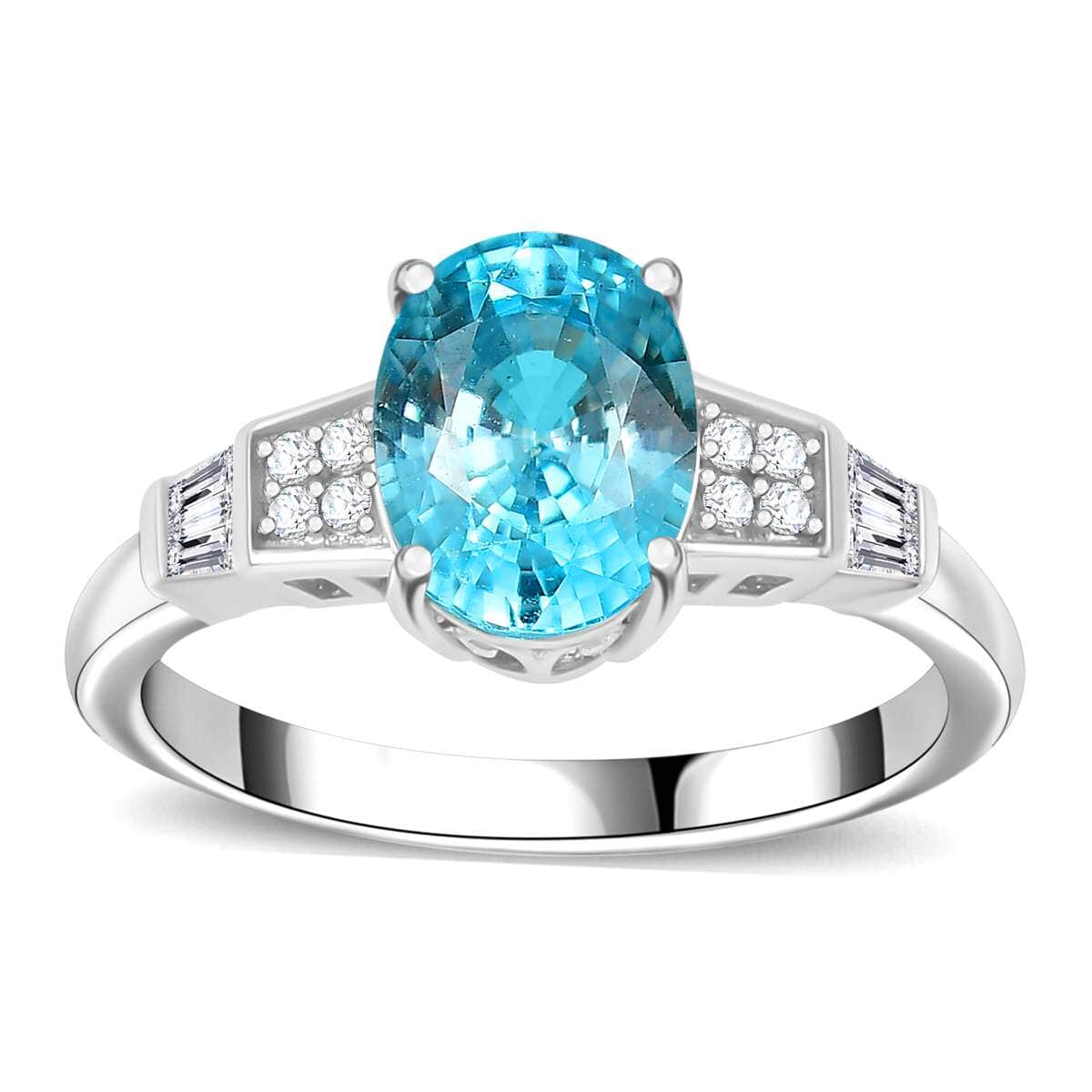 Cambodian Blue Zircon and White Zircon 3.40 ctw Art Deco Ring in Rhodium Over Sterling Silver (Size 10.0) image number 0